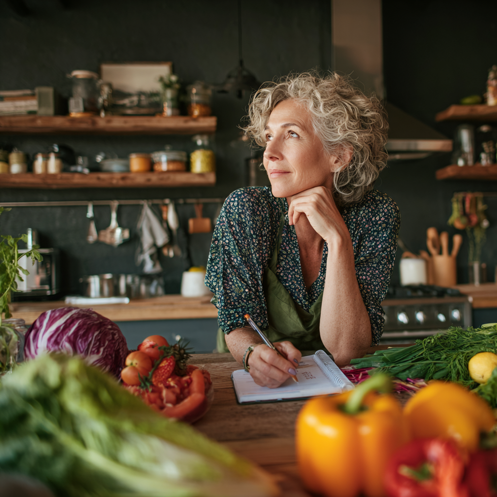 Middle-aged woman planning healthy meals with fresh vegetables and fruits on kitchen counter