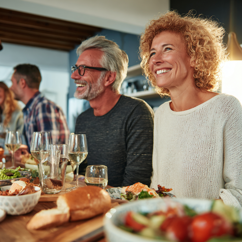 Satisfied middle-aged adults enjoying healthy meals together in modern kitchen setting